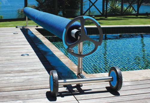 Aqualux – Enrouleur de bâche de piscine enterrée télescopique 3,90 à 5,50 m – Aluminium anodisé – Kit d'attaches avec clips à pression